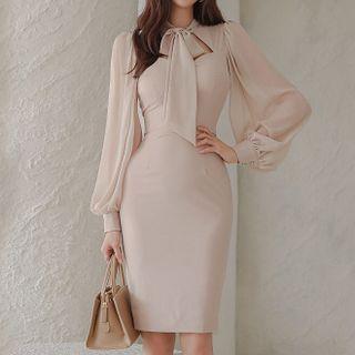 Long-sleeve Tie-neck Bodycon Dress