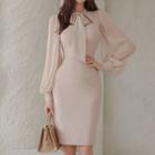 Long-sleeve Tie-neck Bodycon Dress