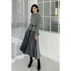 Set: Dip-back Knit Top + Velvet Pleated Skirt + Belt