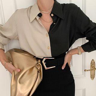 Long Sleeve V-neck Color Contrast Shirt