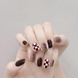 Checker Faux Nail Tips Pd-179 - Coffee & Red - One Size