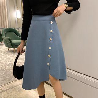 Asymmetric Hem Buttoned Midi Skirt