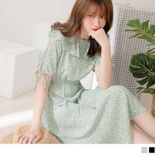 Short Sleeve Ruffled Neck Floral Print A-line Dress