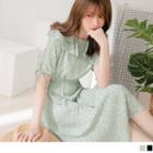 Short Sleeve Ruffled Neck Floral Print A-line Dress