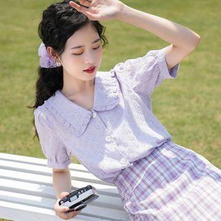 Short-sleeve Eyelet Lace Wide-collar Shirt