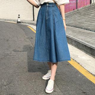 Band-waist A-line Denim Skirt Blue - One Size