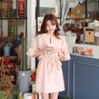 Ruffle-sleeve Tie-waist Mini Dress