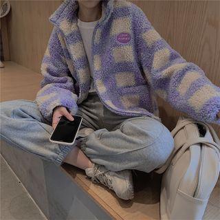 Plaid Fleece Zip-up Jacket Purple - One Size