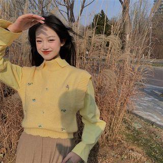 Long-sleeve Plain Shirt / Embroidered Sweater Vest