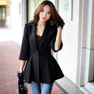 3/4-sleeve Single-button Plain Coatdress