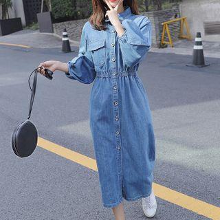 Long-sleeve Midi A-line Denim Dress