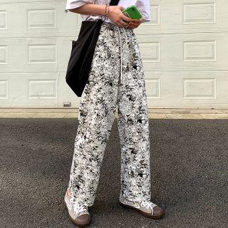 Tie Dye Wide-leg Pants Print - Black & White - One Size