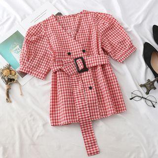 Elbow-sleeve Double-breasted Plaid Top