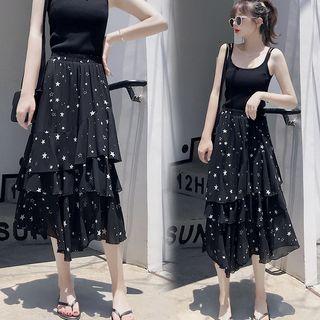 Star Print Midi Tiered A-line Skirt Black - One Size