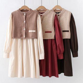 Set: Long-sleeve Shift Dress + Button-up Sweater Vest