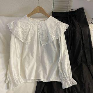 Puff-sleeve Lace Collar Blouse / Midi A-line Skirt