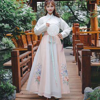 Long-sleeve Embroidered Hanfu Top / Maxi A-line Skirt / Short-sleeve Jacket
