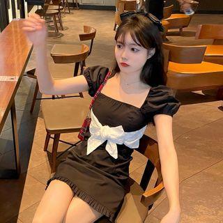 Puff-sleeve Bow-accent Slim-fit Mini Dress