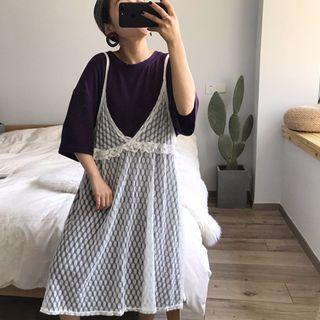 Set: Loose-fit Plain Short-sleeve T-shirt + Lace Tank Dress