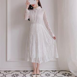 Long-sleeve Midi A-line Lace Dress As Shown In Figure - One Size