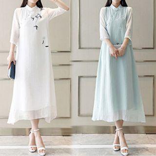 3/4-sleeve Frog Buttoned A-line Midi Dress