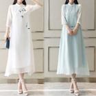 3/4-sleeve Frog Buttoned A-line Midi Dress