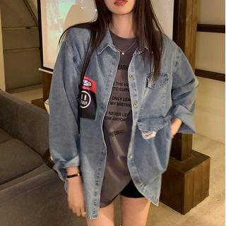 Lettering Print Denim Shirt Blue - One Size