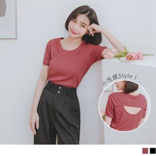 Cutout Back Short-sleeve Round Neck Knit Top