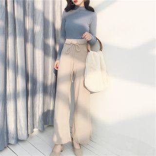 Set: Mock Neck Knit Top + Wide-leg Pants