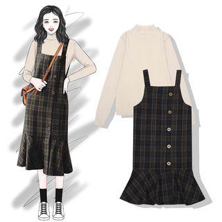 Mock-neck Sweater / Plaid Ruffle Hem Midi Pinafore Dress