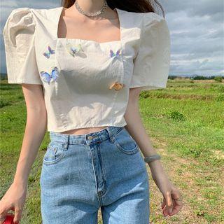 Puff-sleeve Butterfly Accent Cropped Top