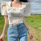 Puff-sleeve Butterfly Accent Cropped Top