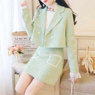 Set: Double-button Cropped Blazer + Mini Skirt