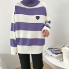 Heart Embroidered Striped Turtleneck Knit Sweater