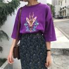 Deer Embroidered Elbow-sleeve T-shirt
