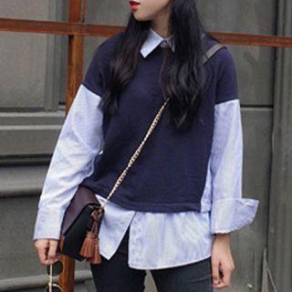 Striped Panel Collared Long Sleeve Top