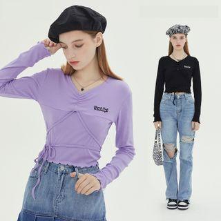 Long Sleeve Lettuce Trim Lettering Drawstring Top