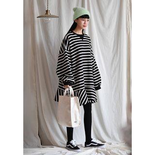 Balloon-sleeve Flounced Stripe Pullover Dress