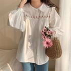 Flower Embroidered Ruffle Shirt Flower Embroidery - White - One Size