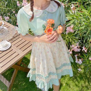 Short-sleeve Floral Print Peter Pan Collar Panel Mini Dress