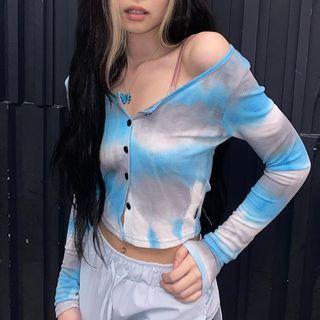 Long-sleeve Tie-dye Button-up Crop Top