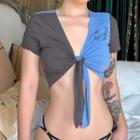 Two-tone V-neck Short-sleeve Crop Top