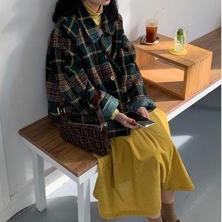 Plaid Shirt Jacket / Long-sleeve Mock-neck T-shirt / Midi A-line Skirt