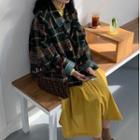 Plaid Shirt Jacket / Long-sleeve Mock-neck T-shirt / Midi A-line Skirt