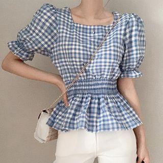 Plaid Puff Elbow-sleeve Top