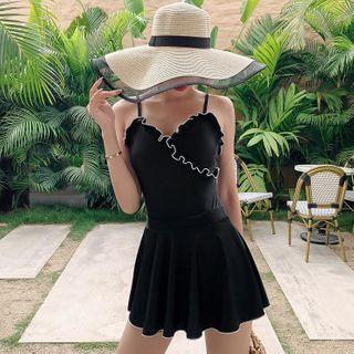 Set: Contrast Trim Lettuce Edge Swimsuit + Cover-up Skirt