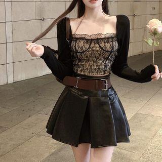 Long-sleeve Lace Top / Faux Leather Skirt