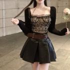 Long-sleeve Lace Top / Faux Leather Skirt