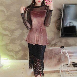 Set: Long-sleeve Sheer Top + Velvet Strappy Top Lace Midi Skirt
