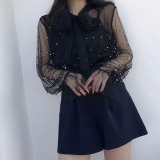 Long-sleeve Embellished Tie-neck Mesh Top